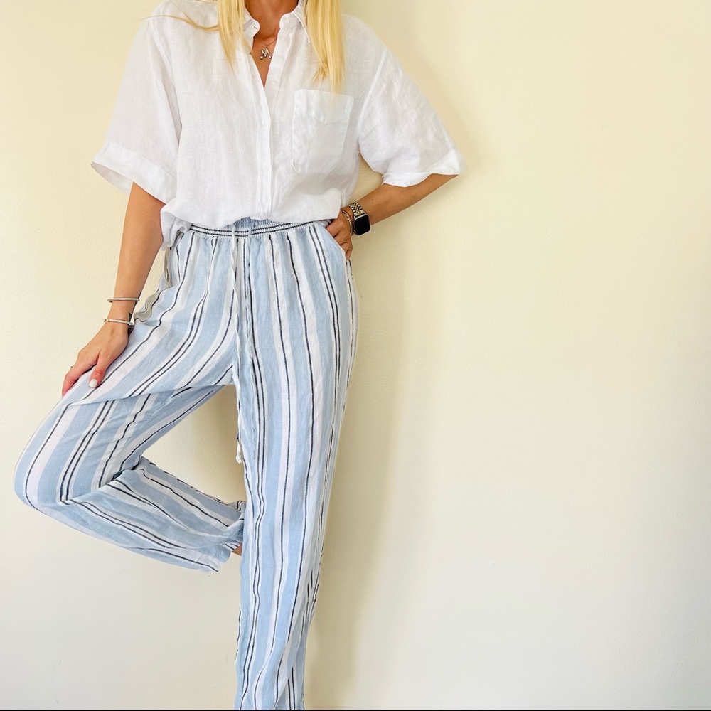 Guess Light Blue and White Striped Linen Trousers